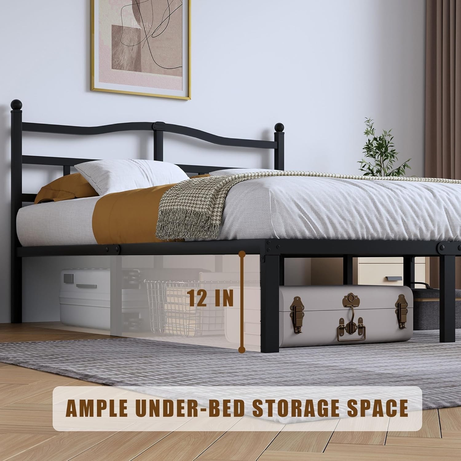 Queen Size Platform Bed with Headboard and Metal Frame-Queen Size - Color: Black