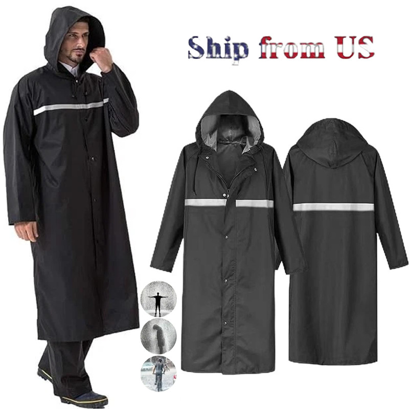 Men Waterproof Long Raincoat Rain Coat Hooded Trench Jacket Outdoor Hiking Black