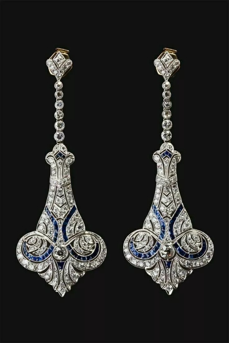 Art Deco Victorian Style Diamond & Sapphire Drop Dangle Earring In 925 Silver