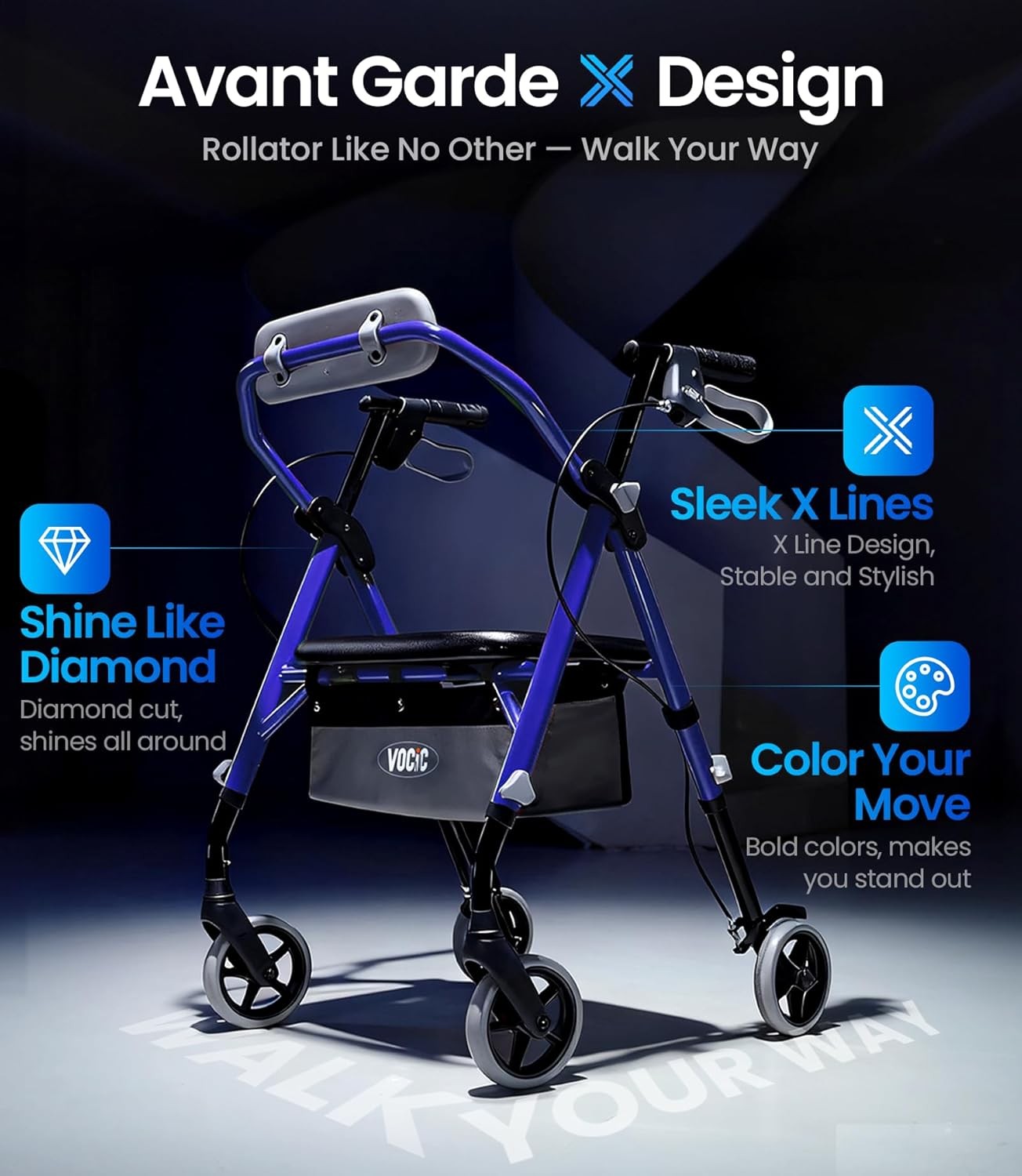Lightweight Rollator Walker Seat Backrest Foldable All Terrain Adjustable