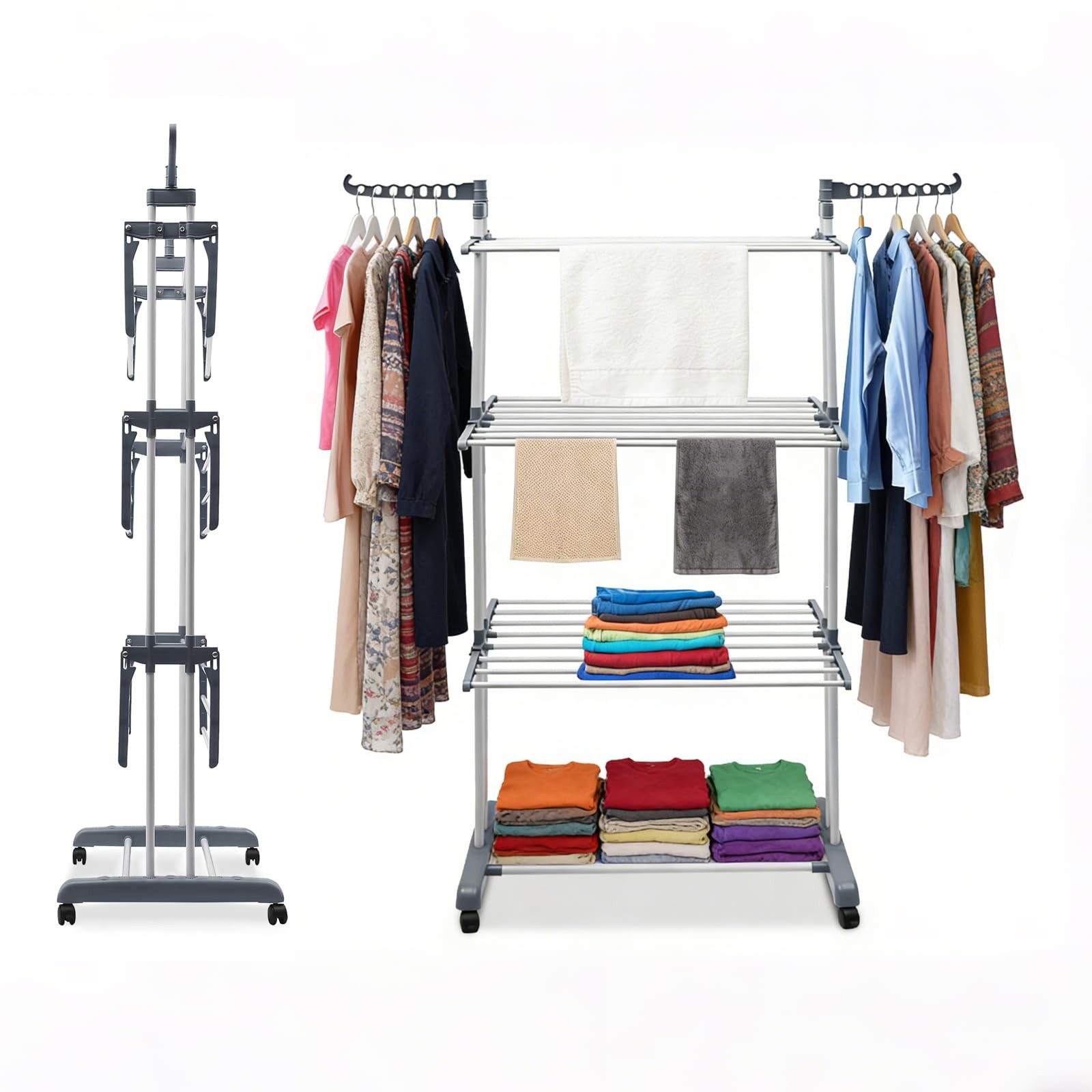 Foldable Clothes Drying Rack, 4 Tier Metal Clothes Rail with Wheels 7 Windpro...