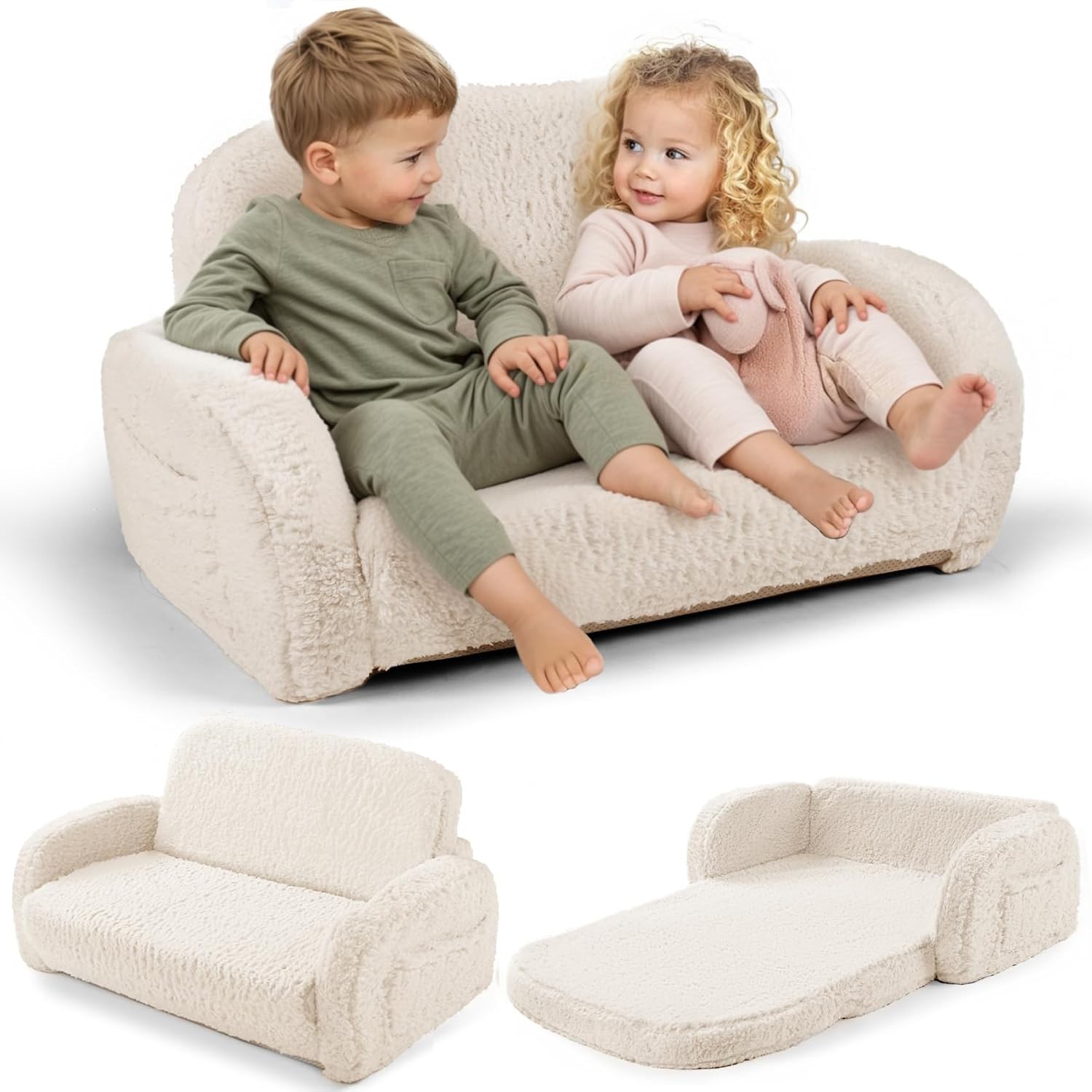 2-in-1 Sherpa Fold Out Kids Couch Extra Wide Comfy Toddler Chair Convertible NEW
