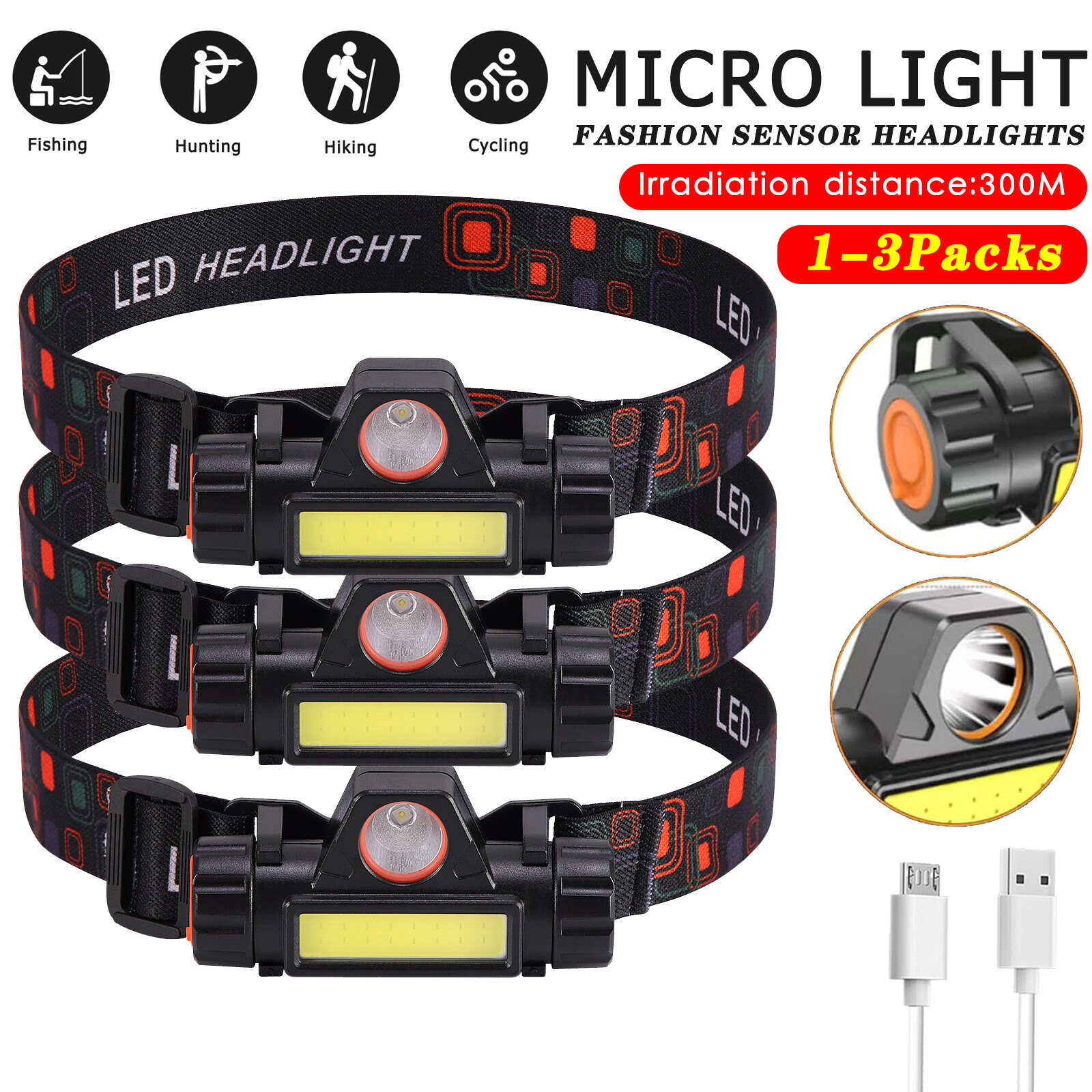 1-3 Pcs Waterproof LED Headlamp Headlight Head Light Flashlight USB Rechargeable
