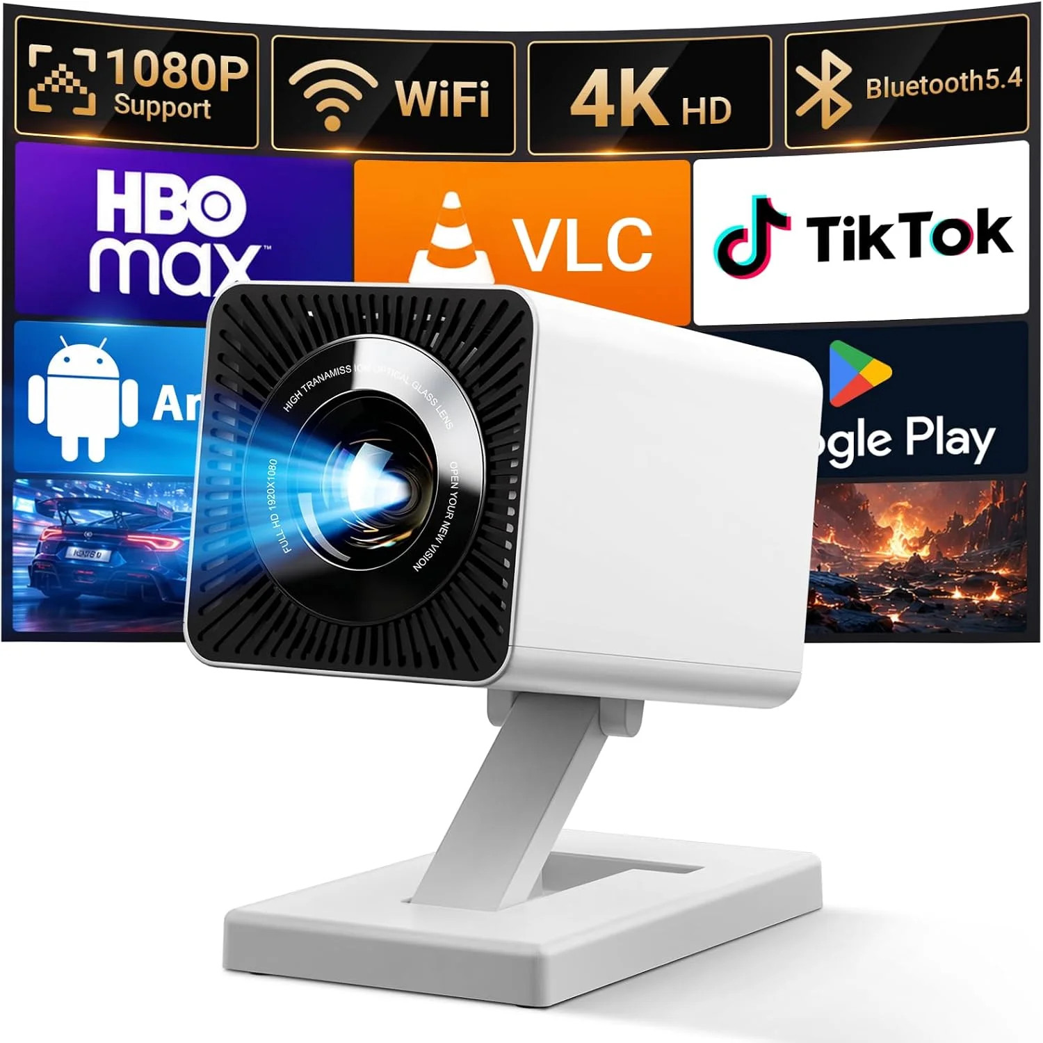 [Built-in APPS]Mini Projector With Wifi And Bluetooth, 1080P 4K Support Portable