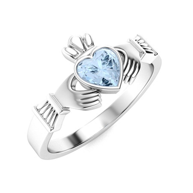 Heart Aquamarine 925 Sterling Silver Heart Claddagh Ring For Love Promise Gift