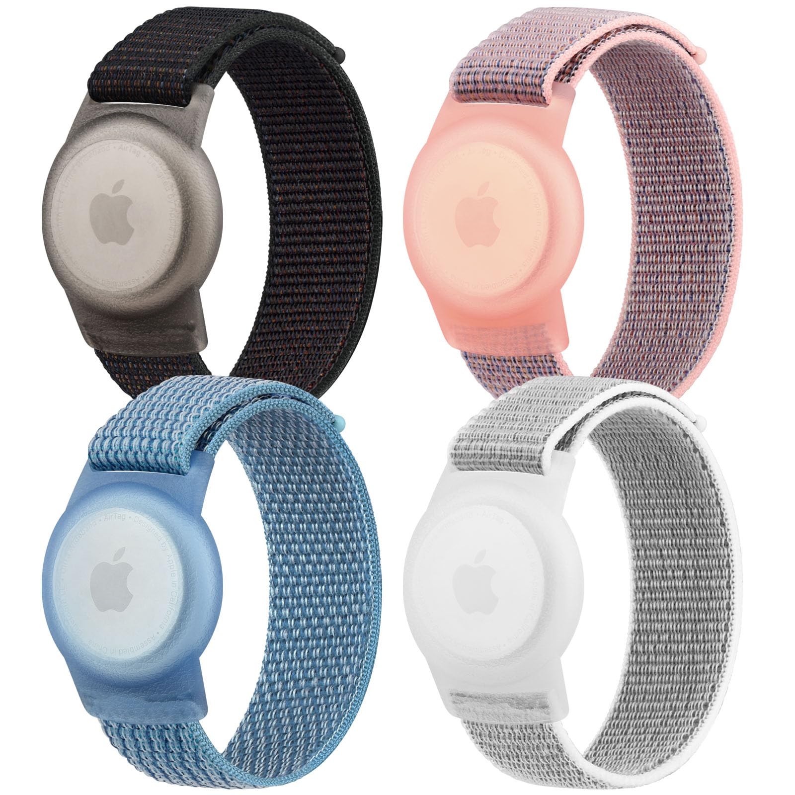 4 Pack Nylon Air Tag Bracelet for Kids, Soft Black/Pink Sand/Blue/Grey