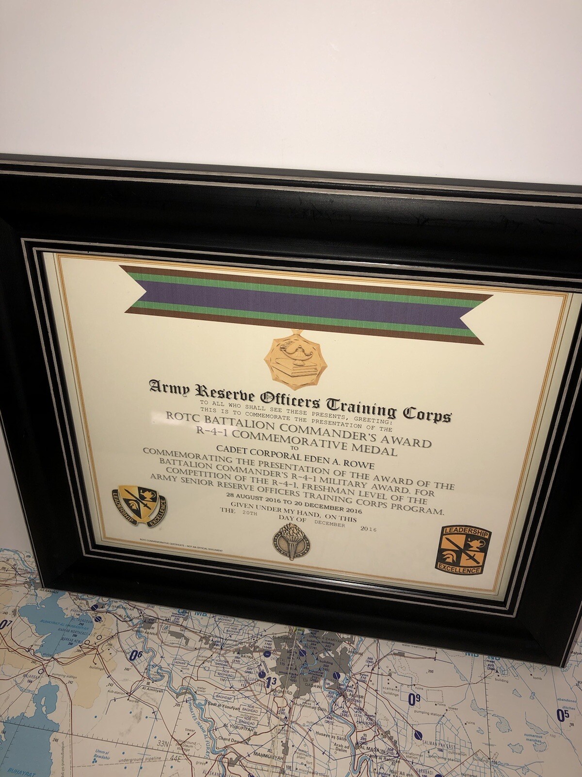 ARMY R.O.T.C. / BATTALION COMMANDER'S AWARD R-4-1 COMMEMORATIVE CERTIFICATE
