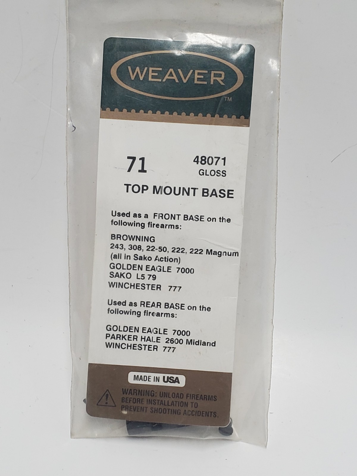 WEAVER 71 Scope Top Base 48071 Browning Remington 710 Sako L579 Winchester 777