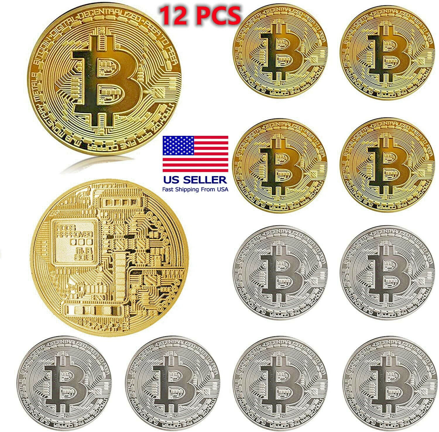 12 Pcs Bitcoin Coins Commemorative BTC New Collectors Gold & Silver Plated Coin