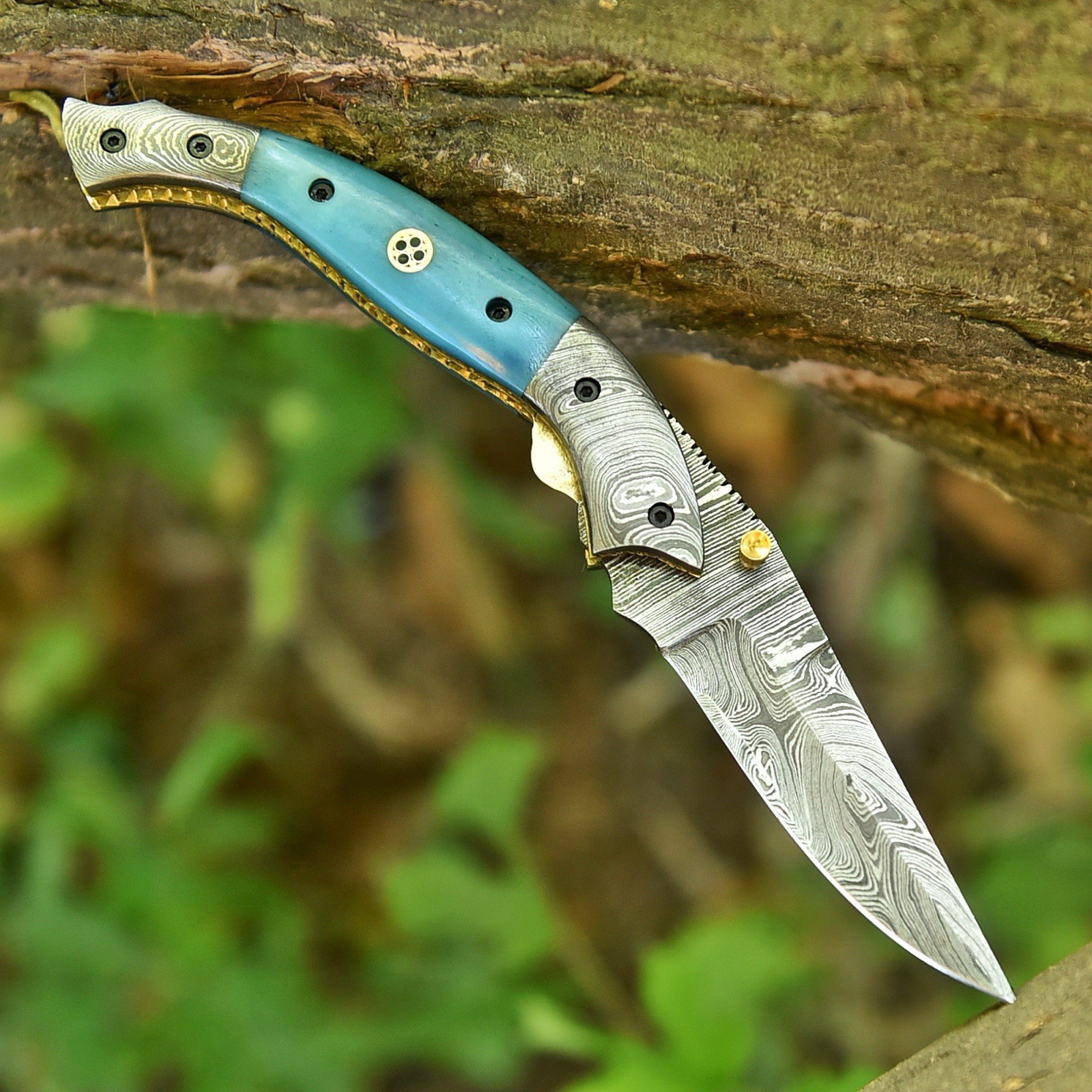 Hand Forged Damascus Folding Blade Hunting Skinner Pocket Knife Case Tactical