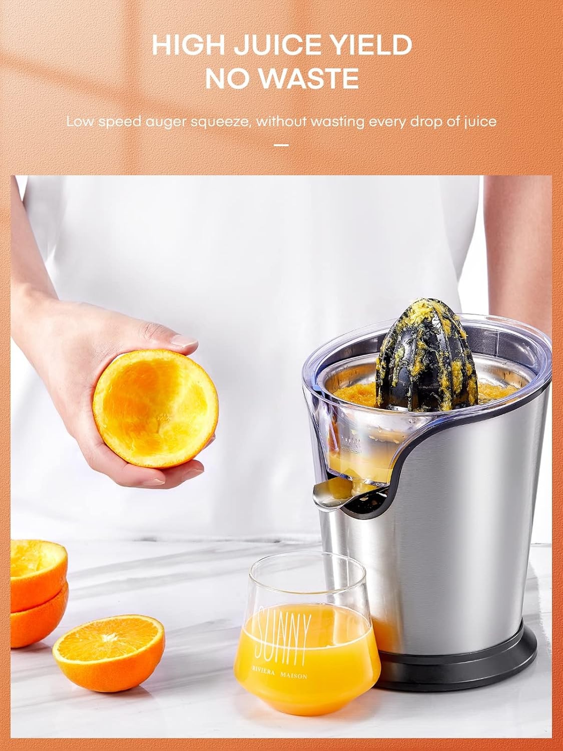 FOHERE Orange Juicer Squeezer Electric Citrus Juicer with Two Interchangeable Co