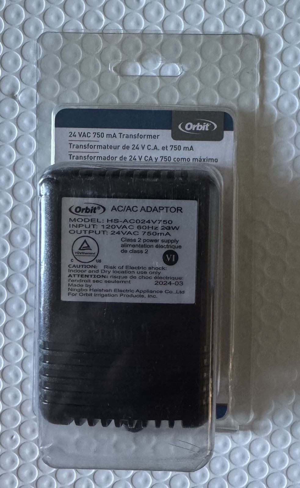 Orbit 24V 750mA Transformer for Indoor Sprinkler Controllers Part  57040