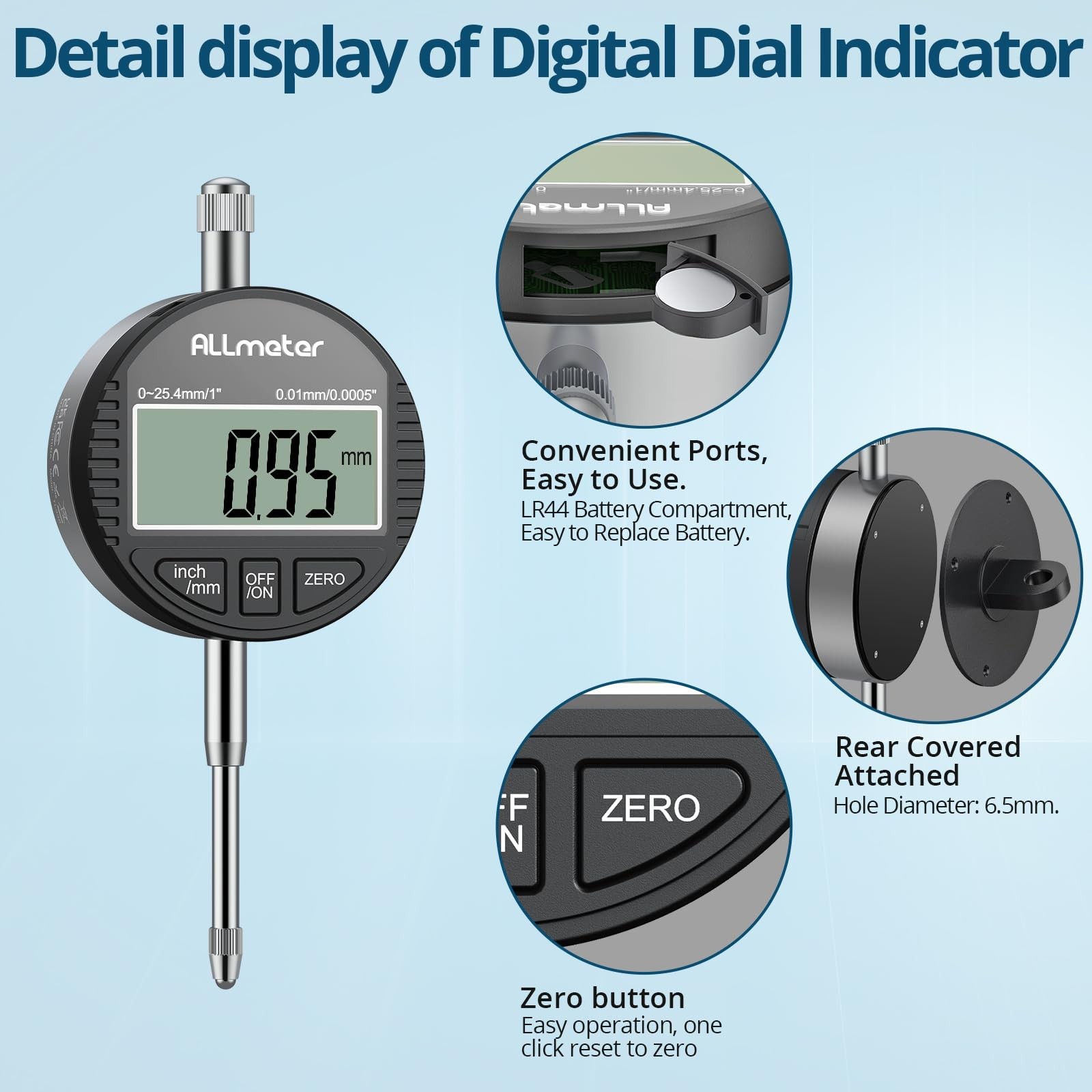 Digital Dial Indicator DTI,0-1in Range,0.0005in/0.01mm Resolution,LCD
