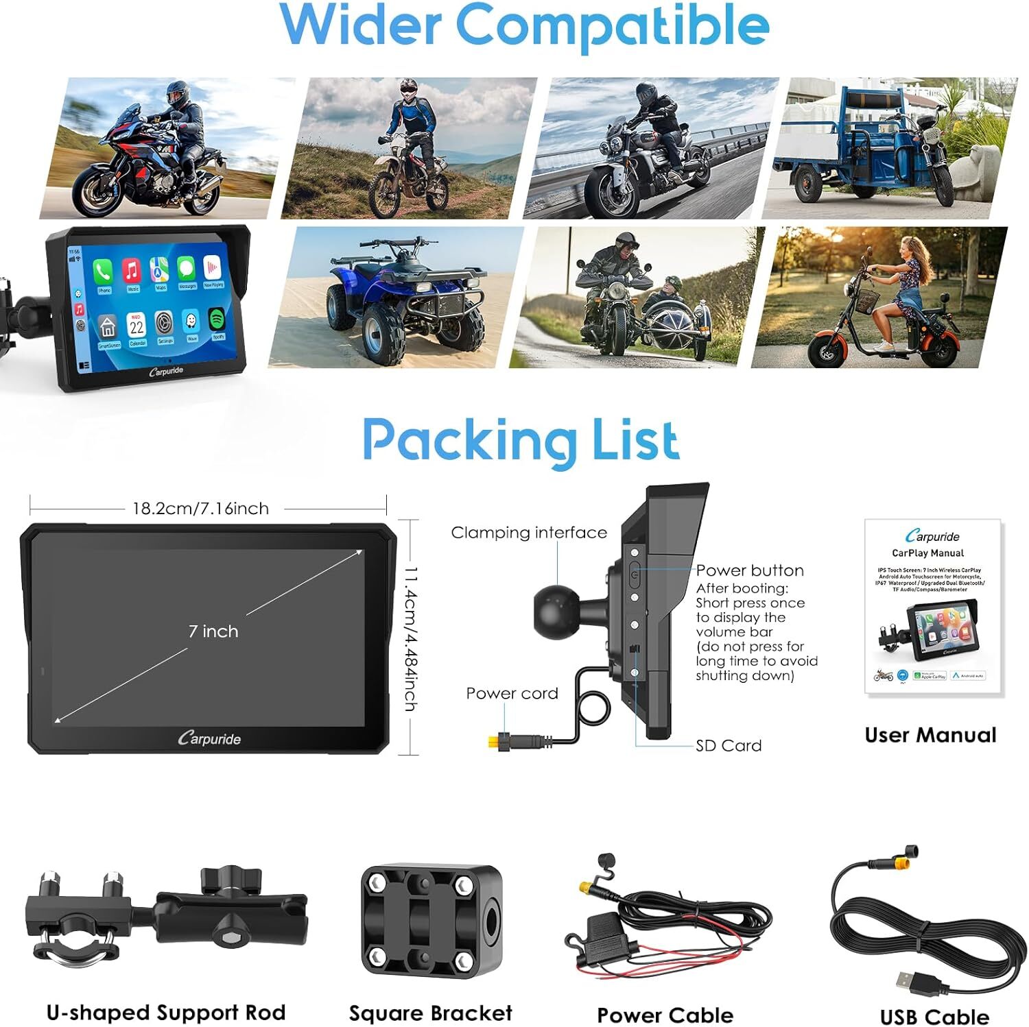 CARPURIDE W702Pro Carplay Wireless Android Auto Dual Bluetooth Intercom Compass
