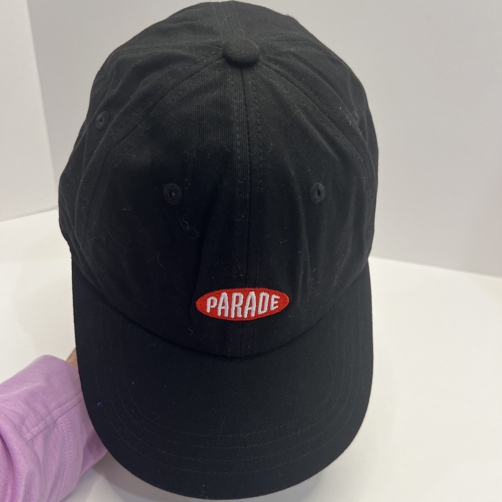 Parade Orange White Patch on Black Hat Cap Cotton Strap Buckle EUC