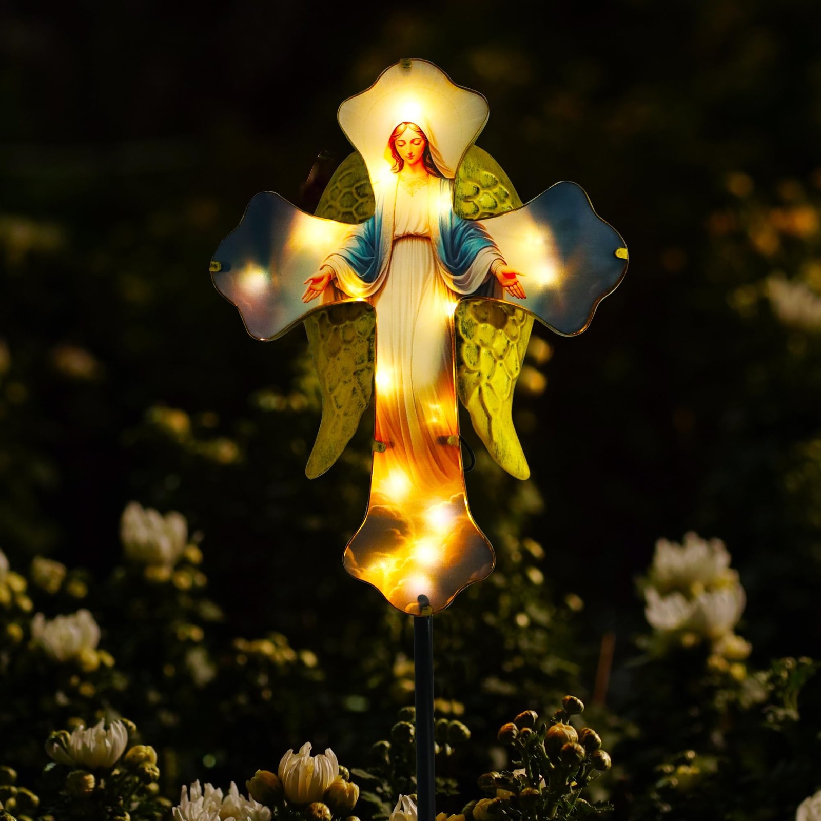 Solar Virgin Mary Cross Garden Lamp for Grave - Angel Wing Memorial Decoratio...