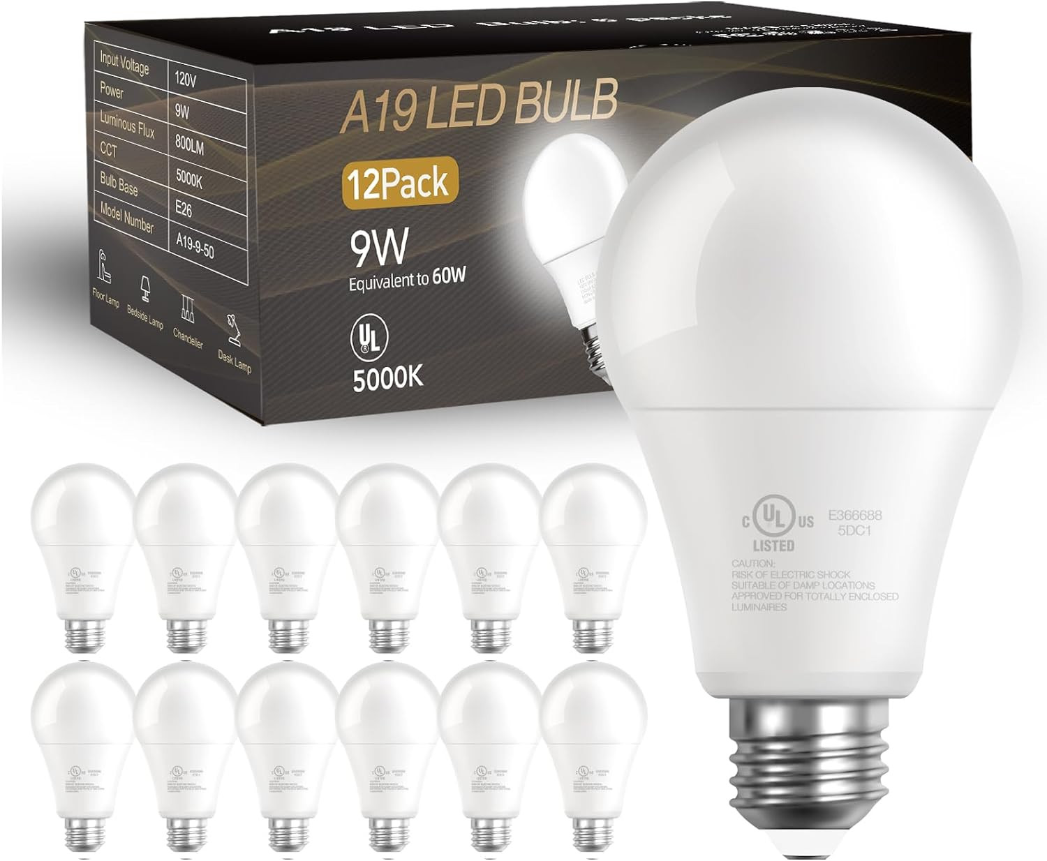 12 Pack A19 LED Light Bulbs, 60 Watt Equivalent LED Bulbs, Long Lifespan High Br