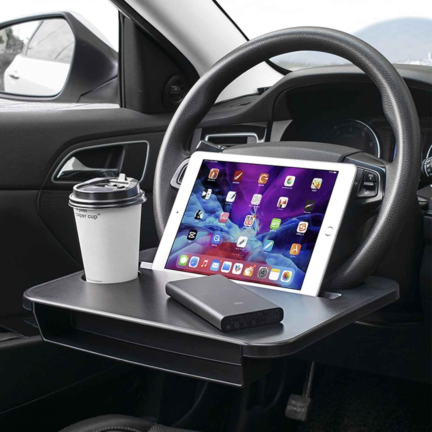 Double-use Steering Wheel Tray(14.5*11inch), Car Food Trays for Eating with Drin