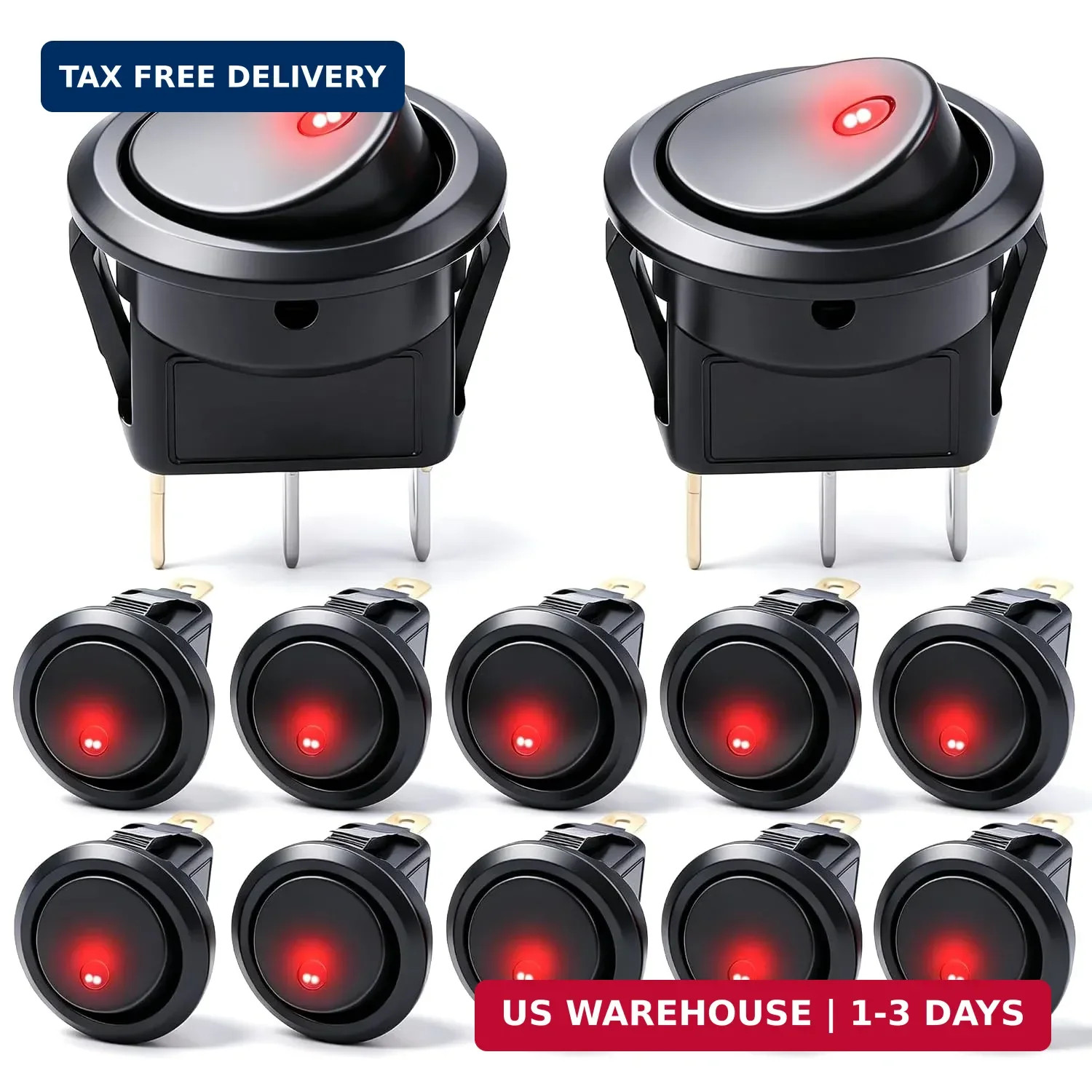 12pcs 12V Lighted Round Rocker Switch Toggle Switch Red LED SPST On-Off