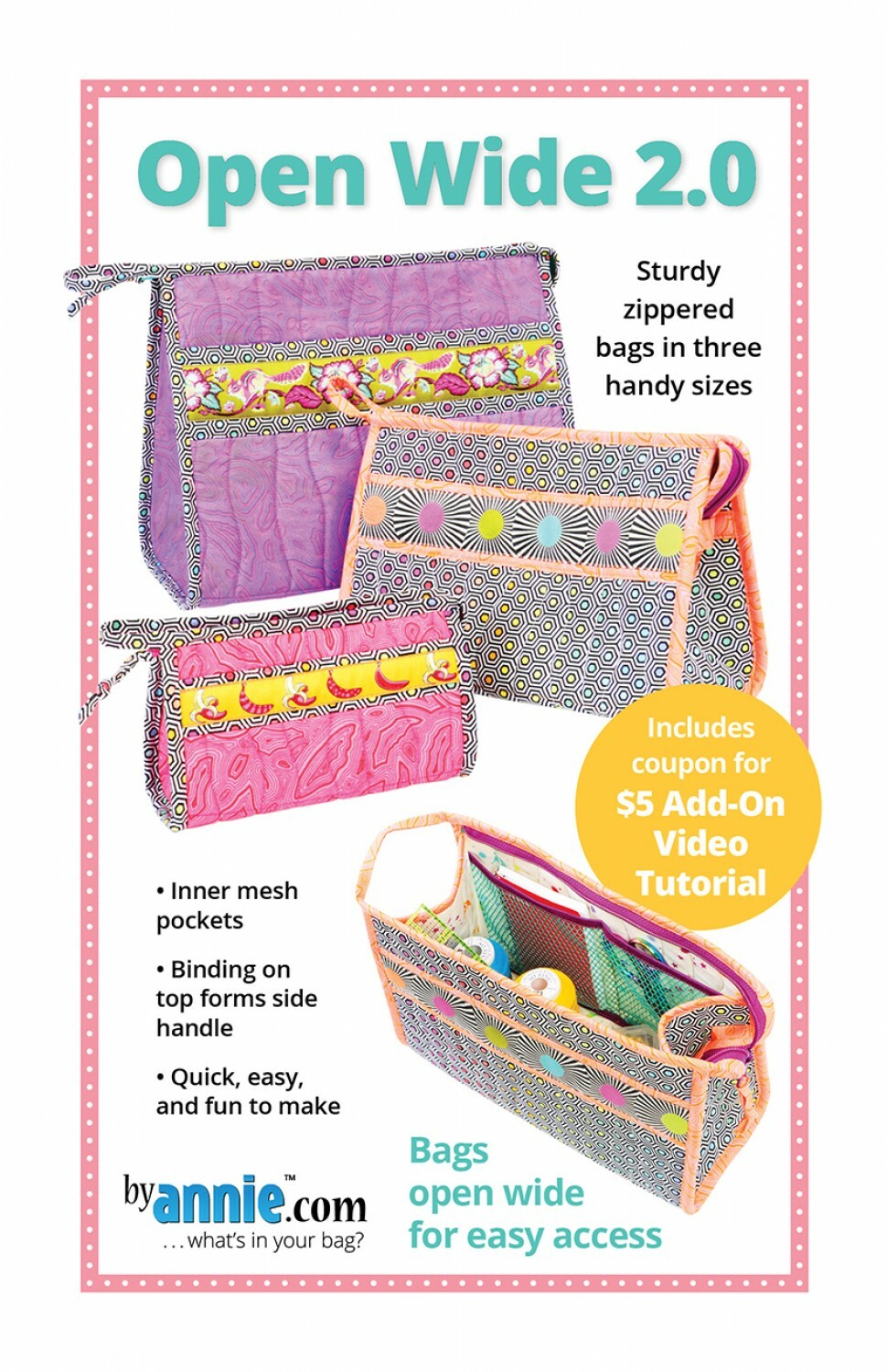 Open Wide 2.0 Pattern From By Annie Carry Tools and Supplies Zipper Bag 3 Sizes