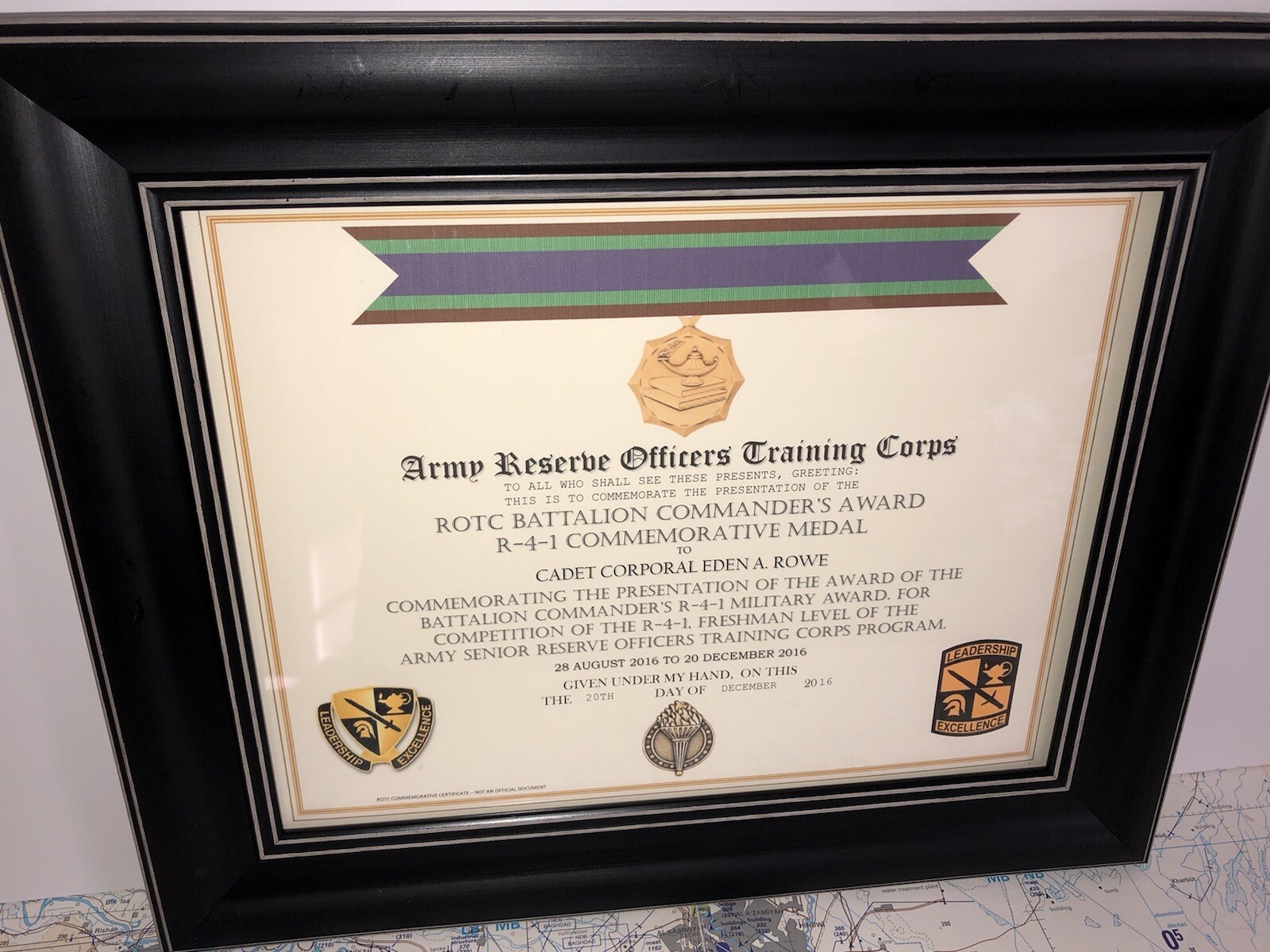 ARMY R.O.T.C. / BATTALION COMMANDER'S AWARD R-4-1 COMMEMORATIVE CERTIFICATE