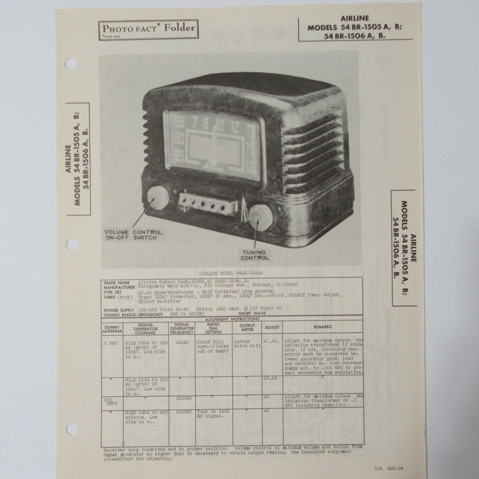 Airline Models 54 BR-1505 BR-1506 AM Table Top Radio SAMS Photofact ™ 1946