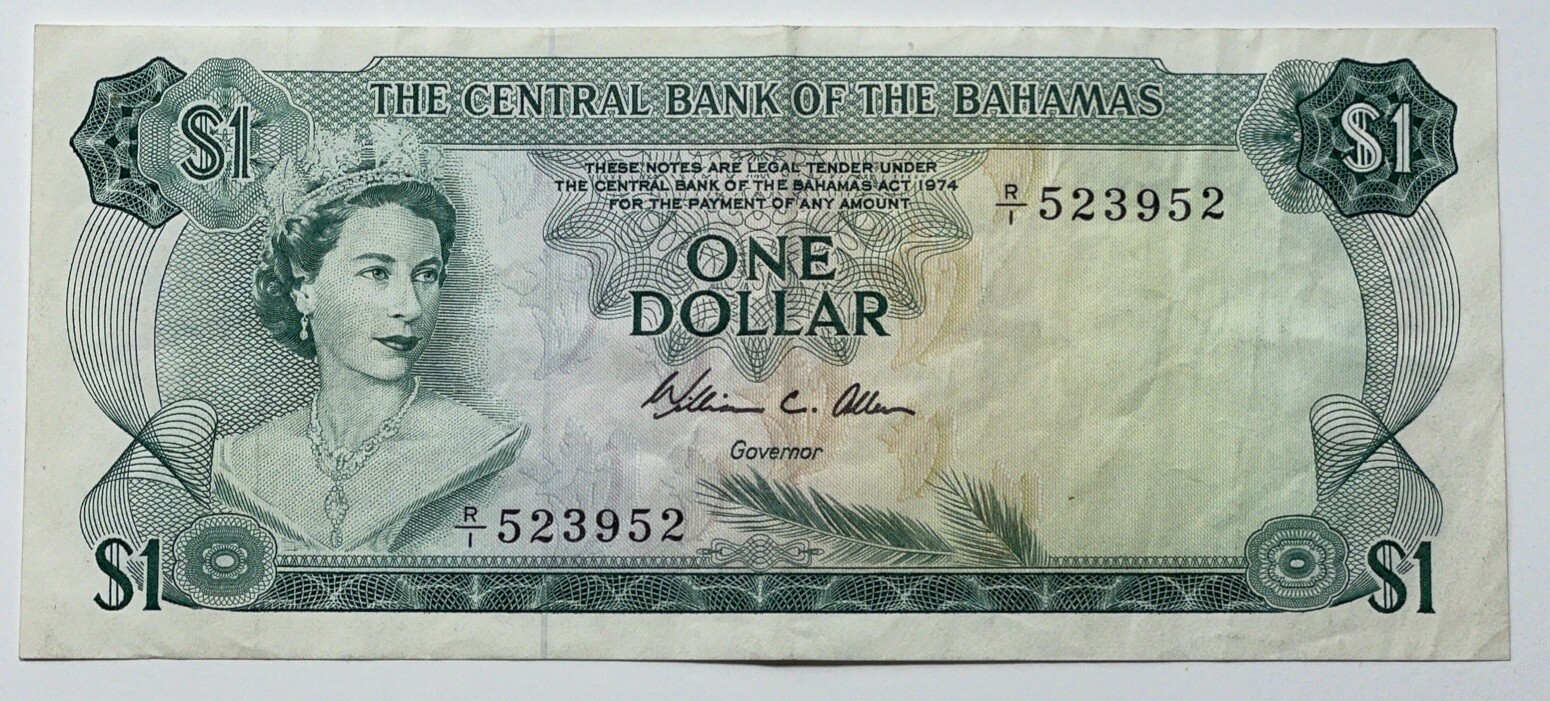 1974 Series Bahamas $1 Banknote Allen Signature P-35b VF+ Condition. B-045