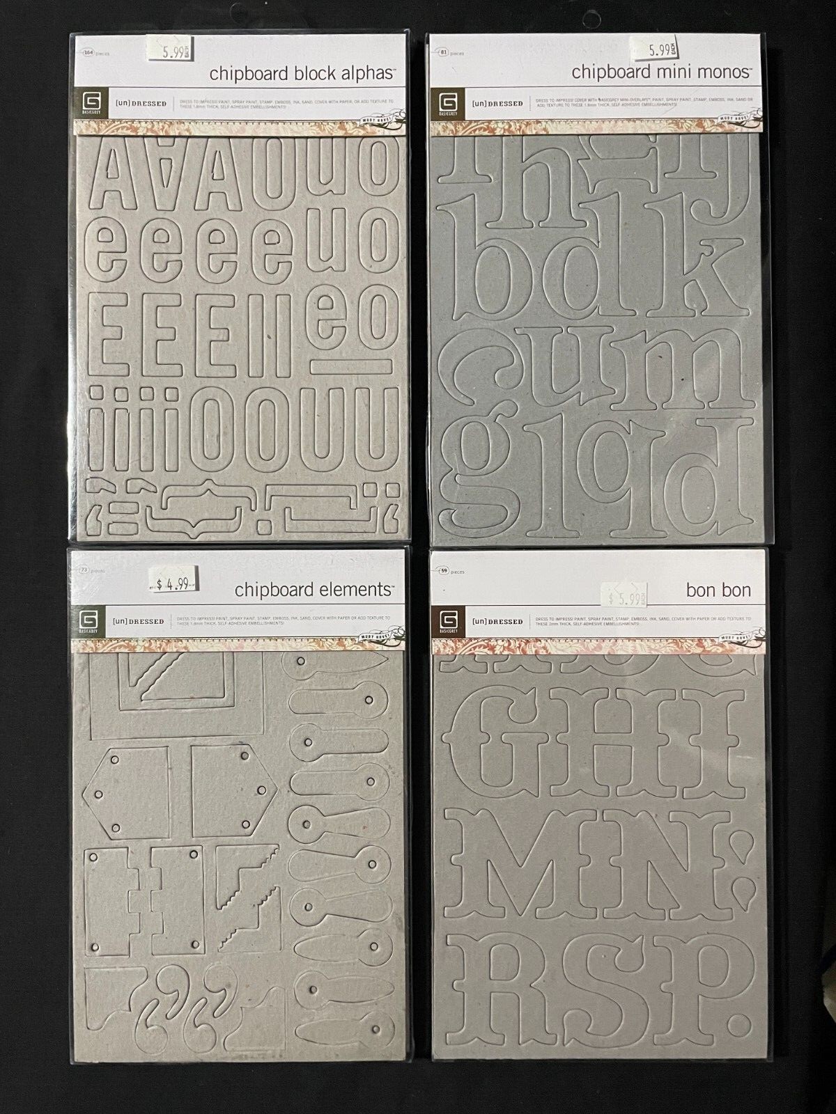 BASIC GREY "UNDRESSED" LETTERS AND ELEMENTS ASSORTMENT