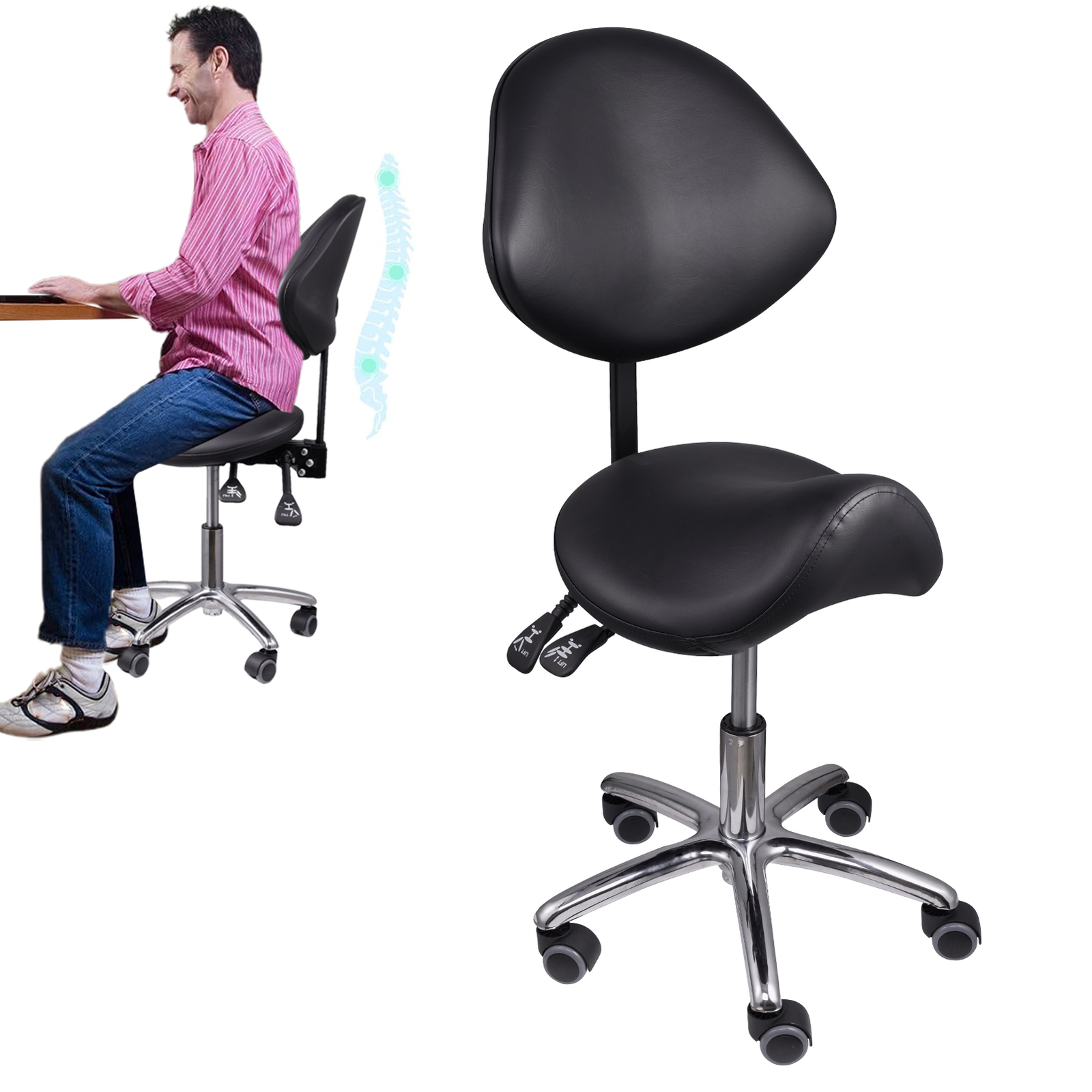 Ergonomic Saddle Stool Hydraulic Swivel Rolling Saddle Chair W/ Backrest