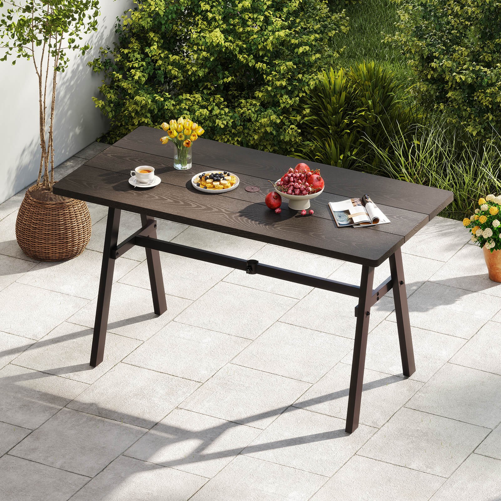 59" x 29.5" Rectangle Rustproof Patio Dining Table with 1.93" Umbrella Hole