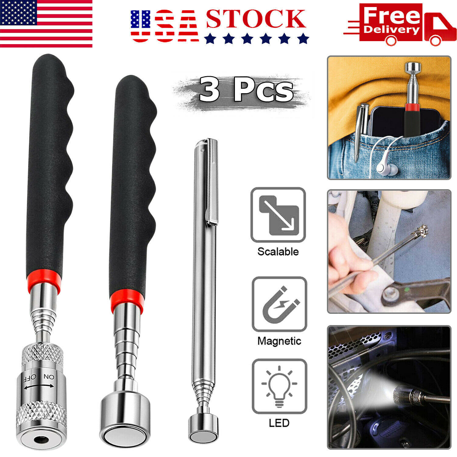 3 PCS Magnet Pickup Tool Telescoping Sticks Include 8 lb LED Light Magnet Stick