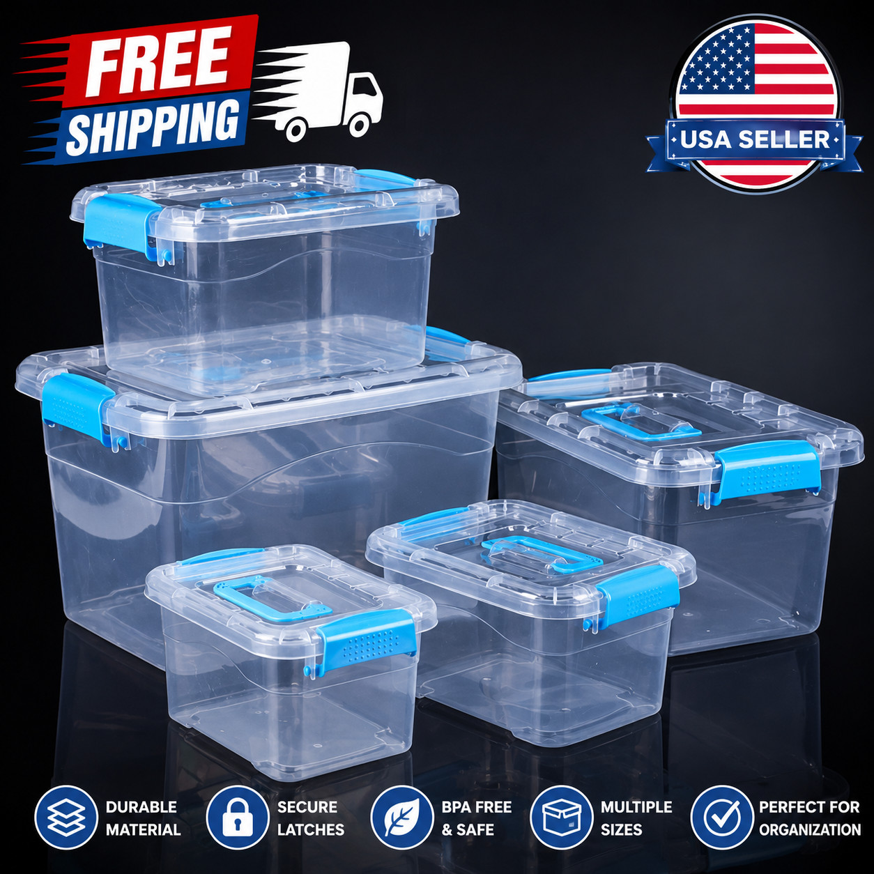 2PCS Storage Box with Lid Clear Plastic Stackable Organizer Container Locking Bo