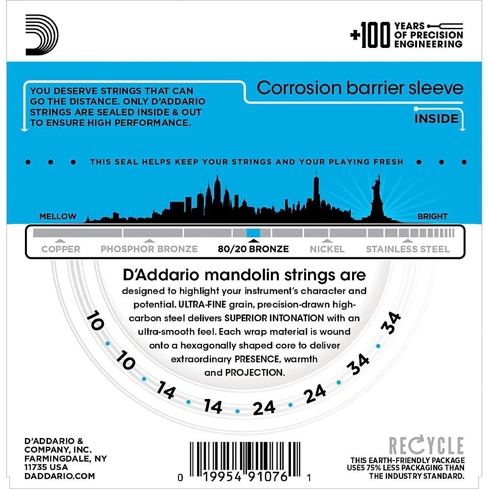 D'Addario EJ62 80/20 Bronze Mandolin Strings, Light, 10-34