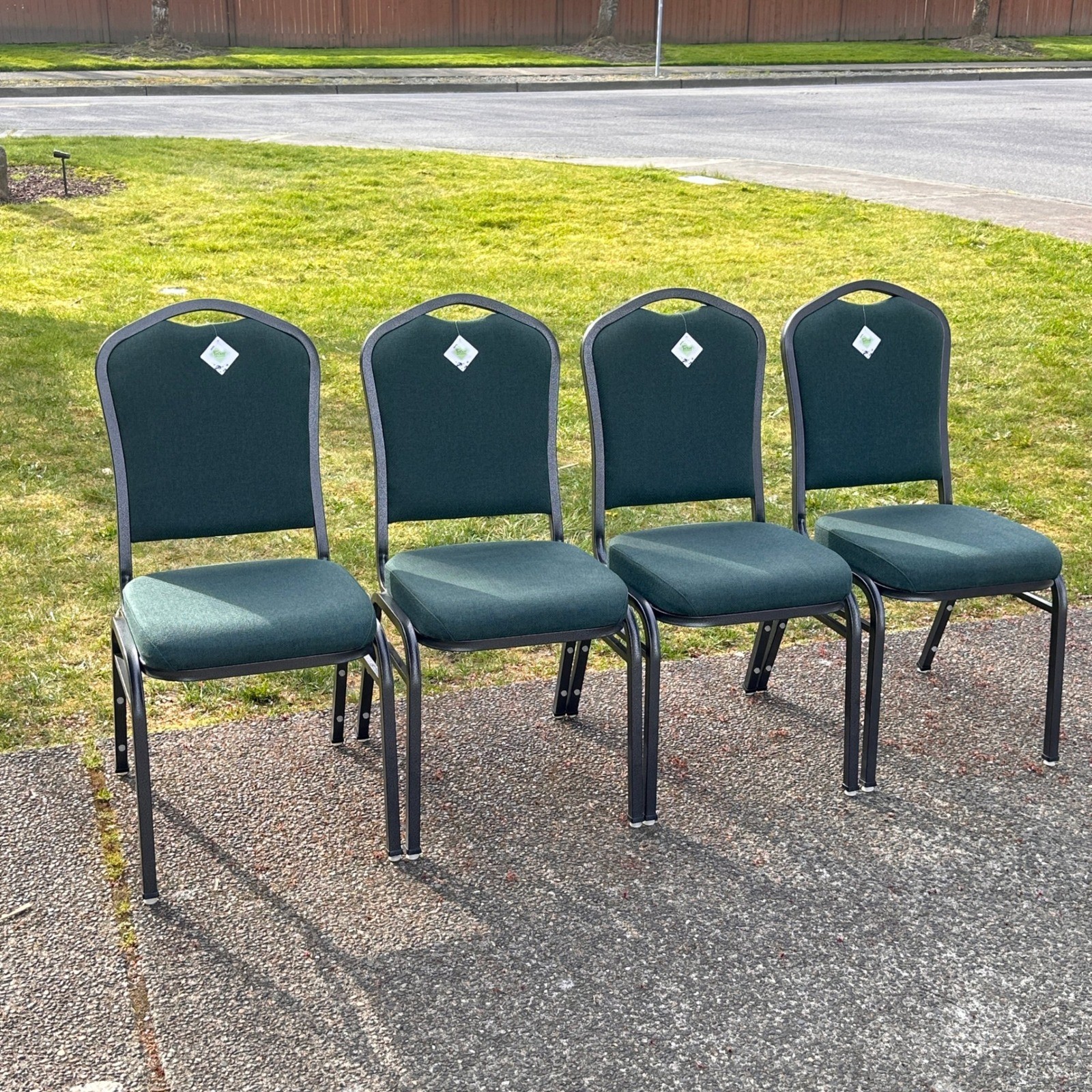 Set of 4 Crown Back Stacking Banquet Chairs Green Fabric w/ DuPont Teflon Prote