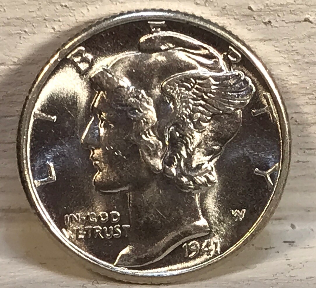 1941-D Bright White BU Mercury Silver Dime with Luster. FSB Free Shipping. X
