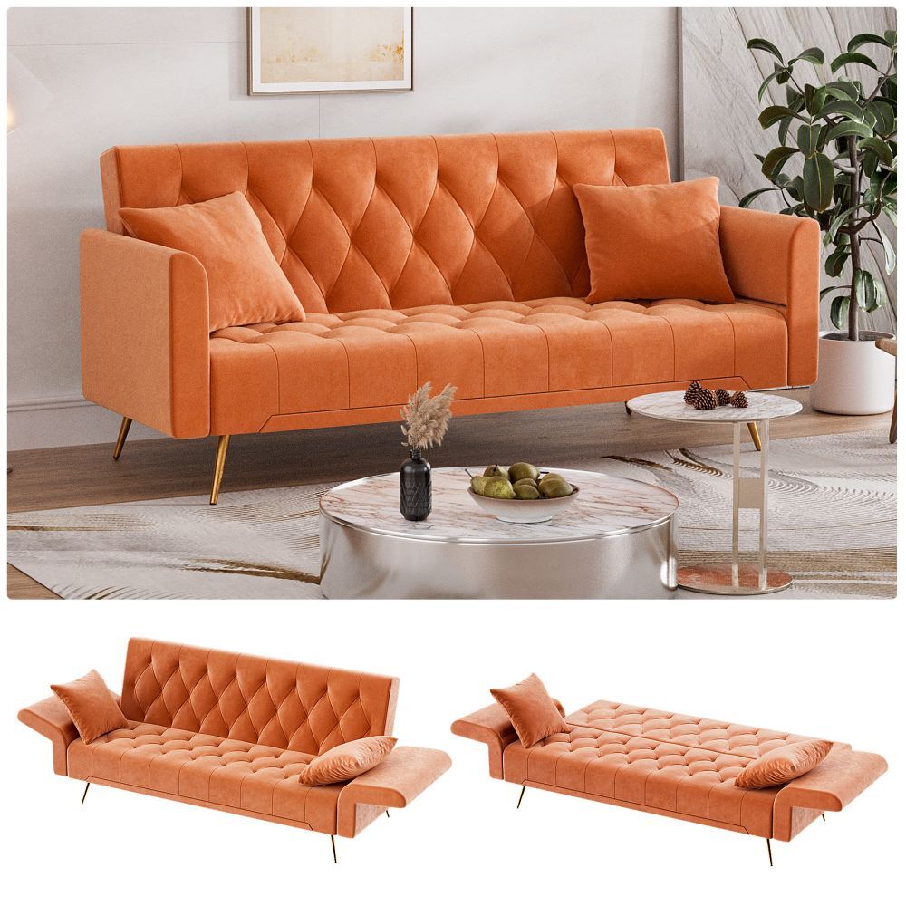 Modern 71" Velvet Convertible Futon Sofa Bed with Adjustable Folding Armrests