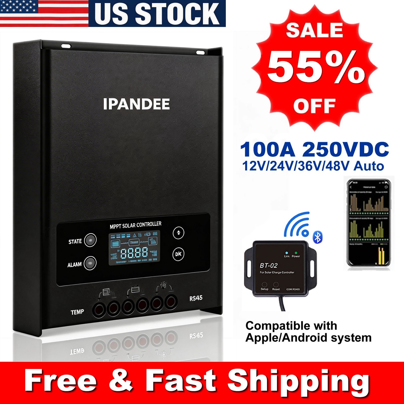 MPPT 100A 250VDC Solar Charge Controller 12V/24V/36V/48V Battery Regulator w/APP