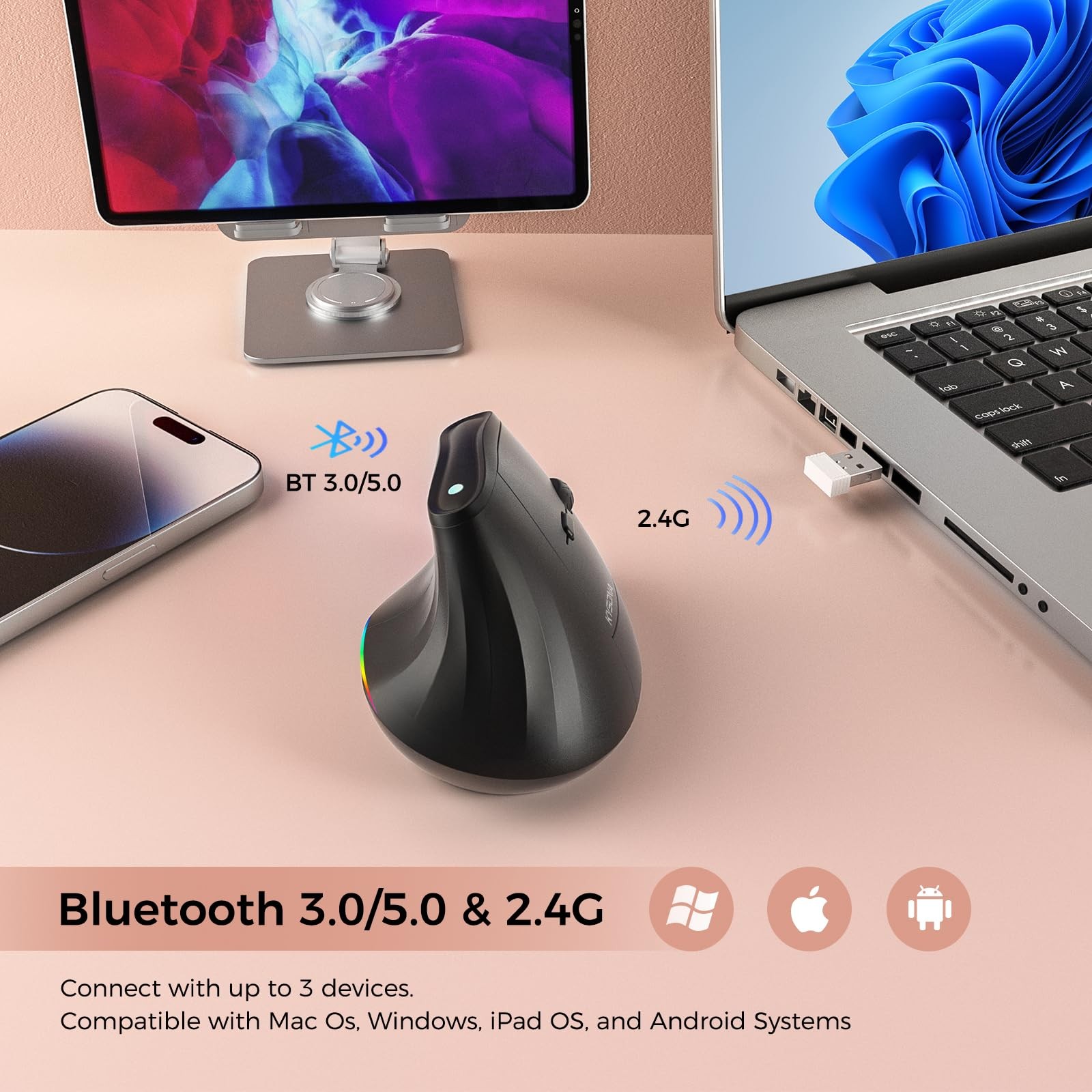 57° Ergonomic Wireless Rechargeable Mouse, Vertical Quiet Ergo Mouse, Bluetoo...
