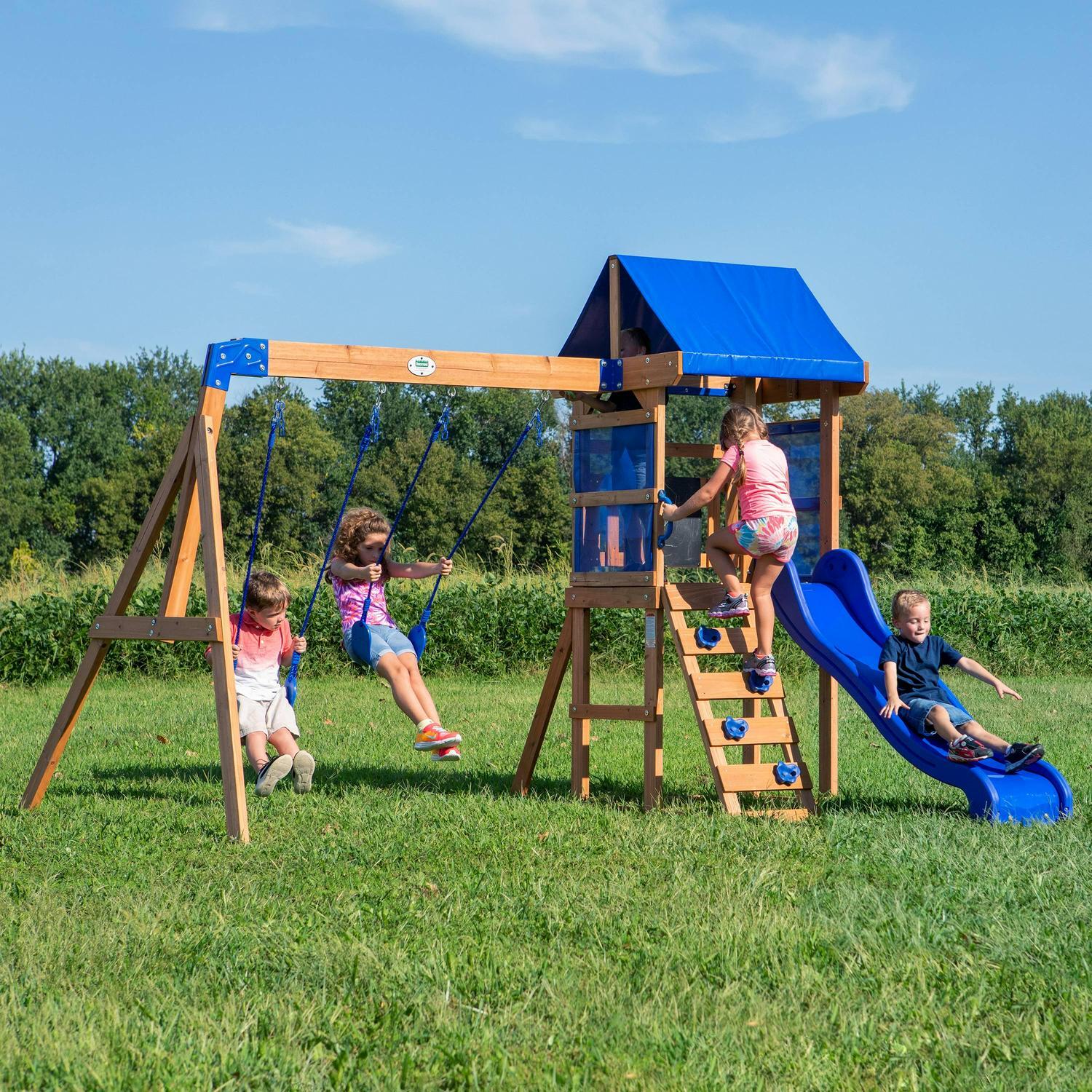 Wooden Swing Set Outdoor Kids Slide Backyard Playground Playset Rock Chalk Wall
