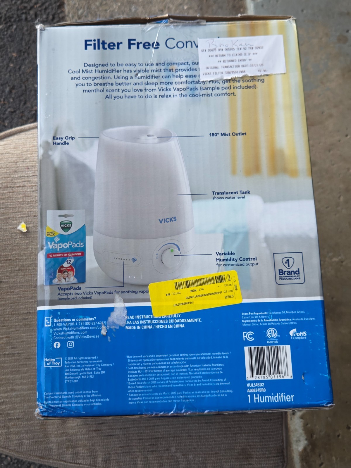 Vicks Filter-Free Cool Mist Humidifier – In Original Box