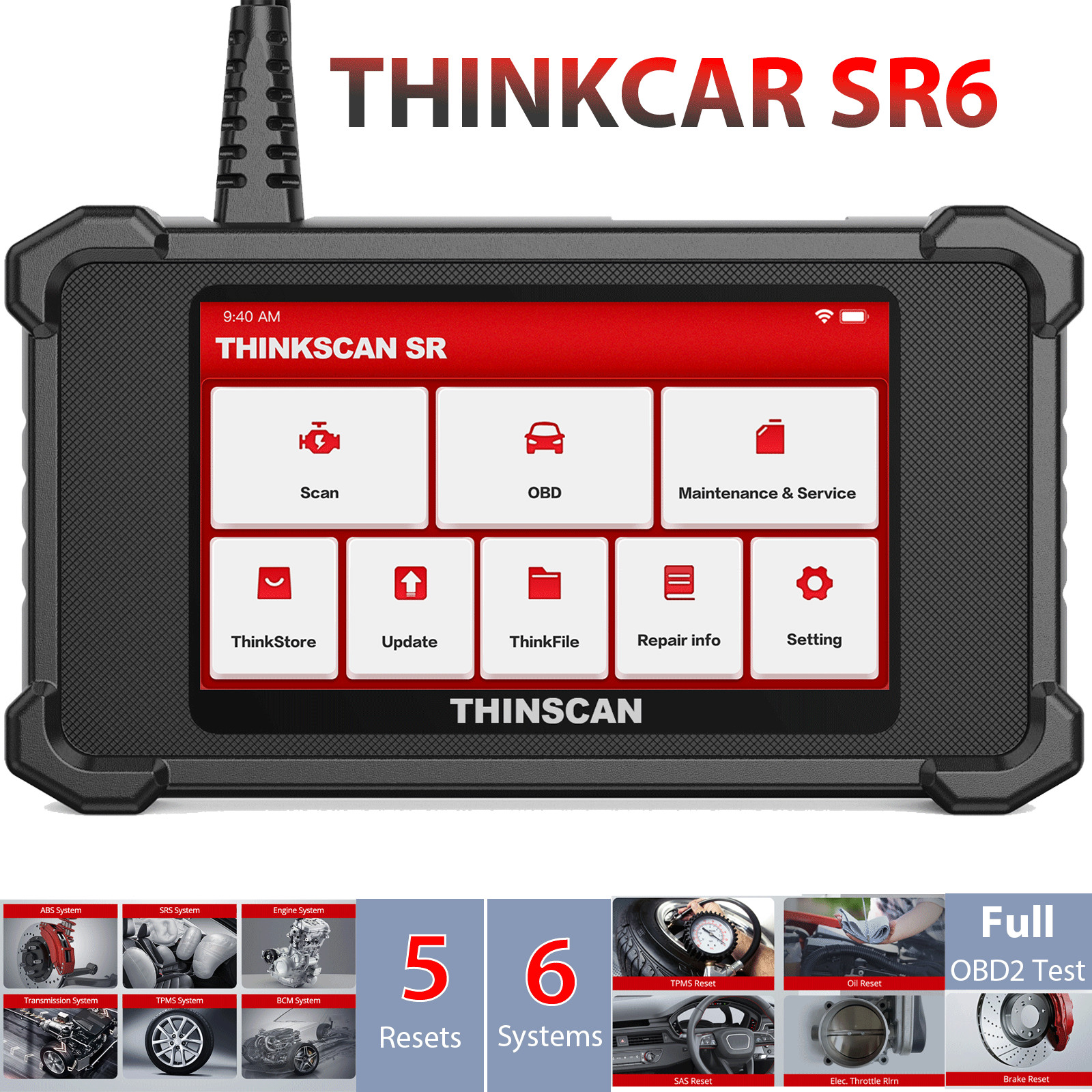 THINKCAR SR6 6-System Diagnostic Scanner Full OBD2 Scan Tool Oil/SAS/TPMS 5Reset