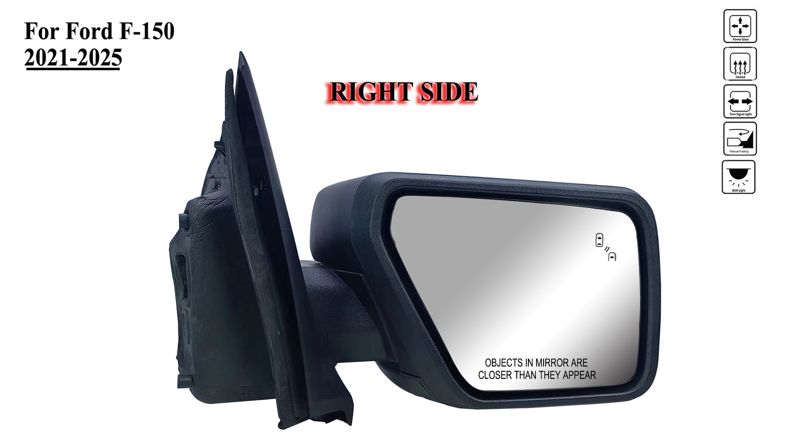 Passenger Right Side Mirror Power Heat With Signal Light For 21 to 26 Ford F-150