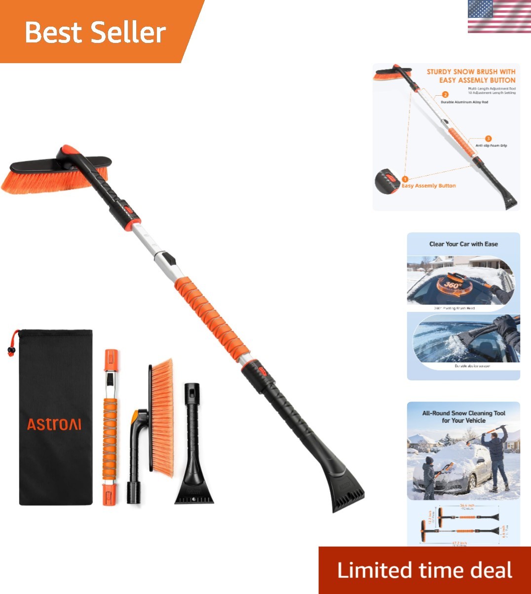 Multi-Position 47.2'' Ice Scraper & Snow Brush with Foam Grip for Winter Cars