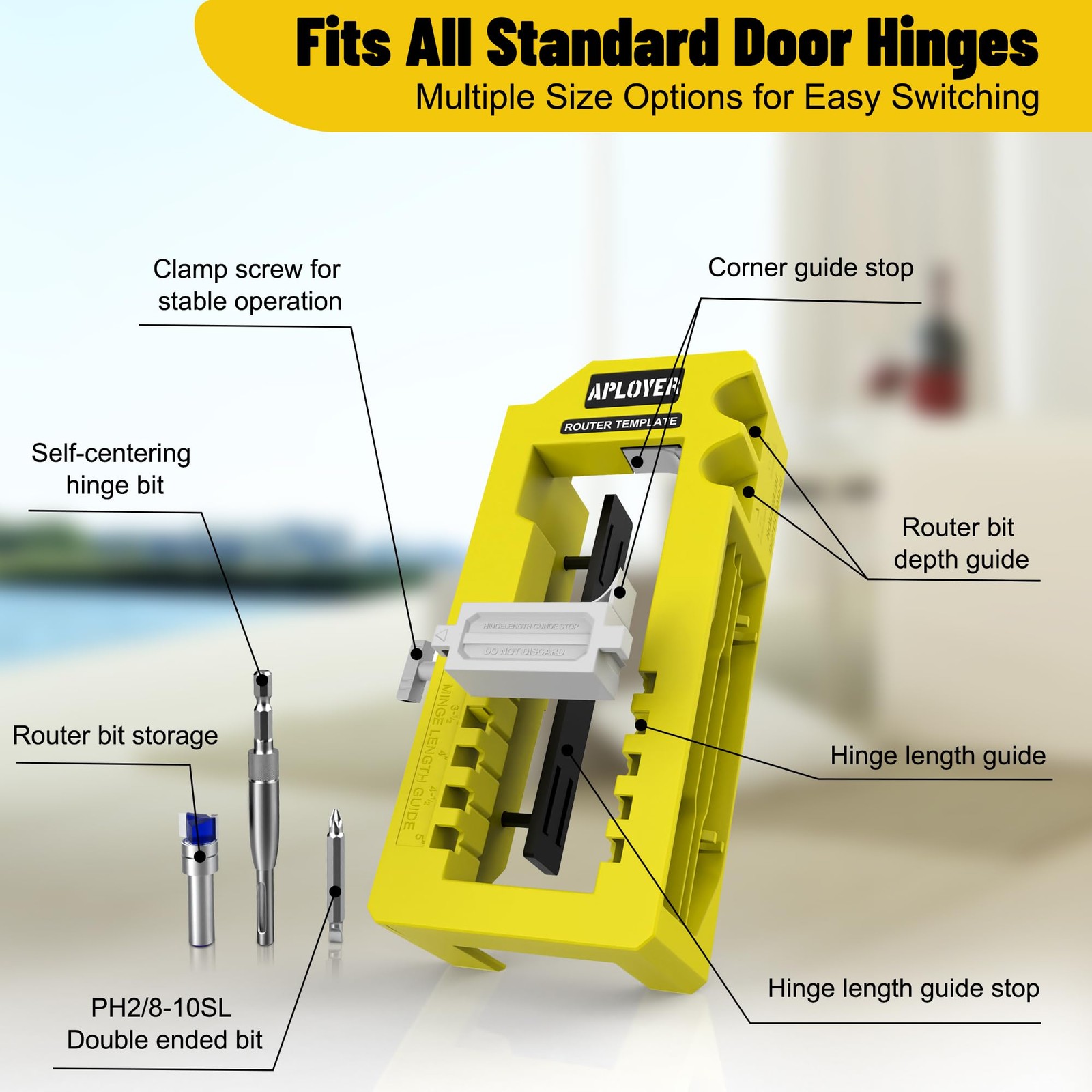 Door Hinge Jig, Router Template, Adjustable Mortise Yellow