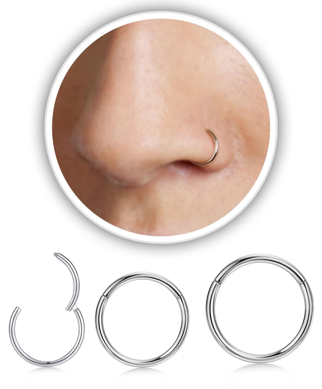 3Pcs 20G Silver Nose Rings Hoop for 3-Piece Hoops,20Gauge,6/8/10mm,