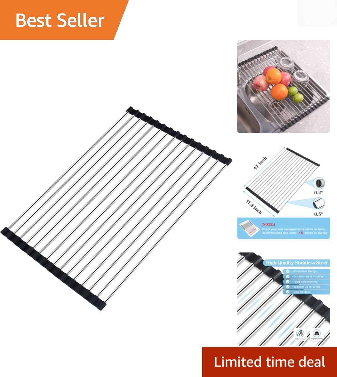 Elegant Black Stainless Steel Roll-Up Dish Drying Rack 17" x 11.8" Over Sink