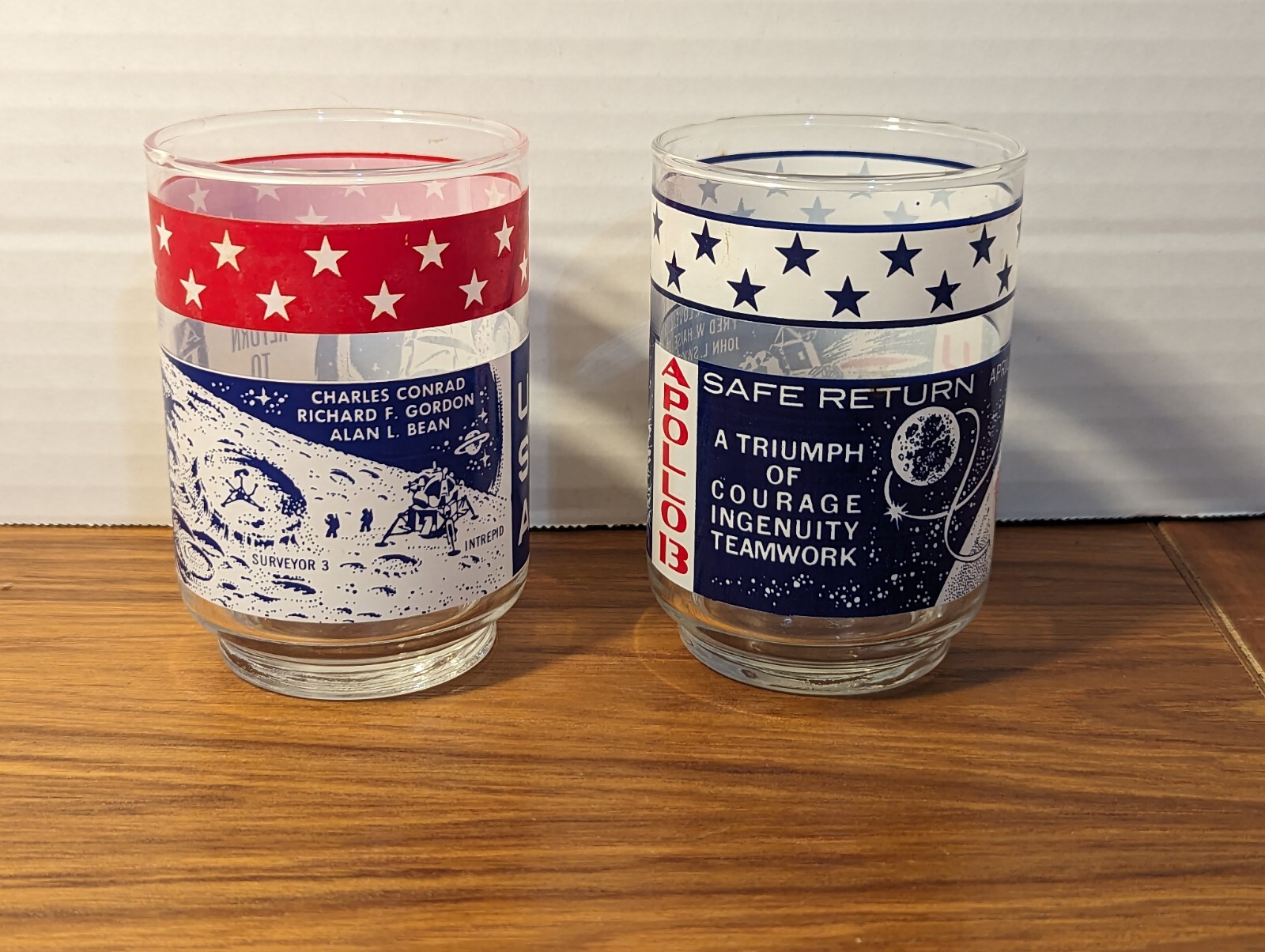 2 Vtg 10oz NASA Drink Glasses. Apollo-12 1969, & Apollo 13, 1970.