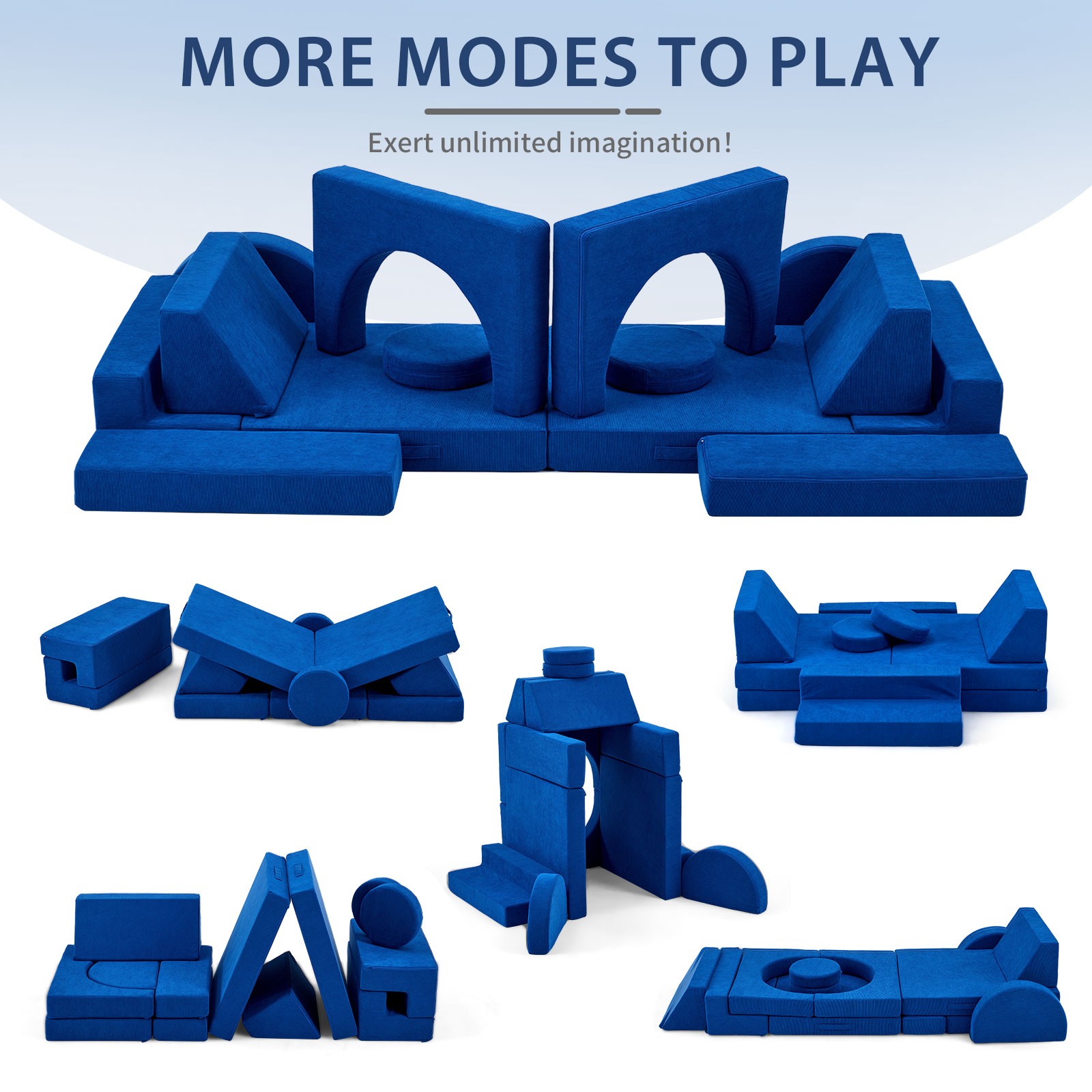 14-Piece Modular Kids Sofa All-Sponge Construction Blue Corduroy Free