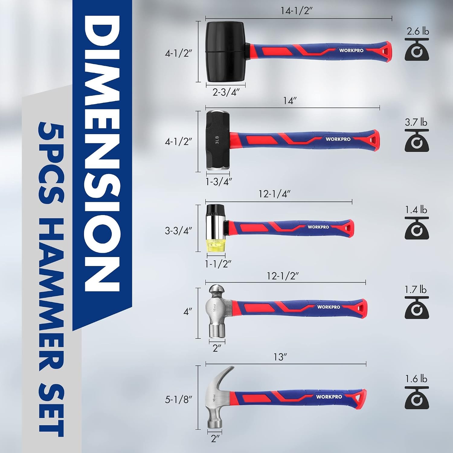 5-Pc Hammer Set: Rubber Mallet, Claw, Ball-Peen, Sledge