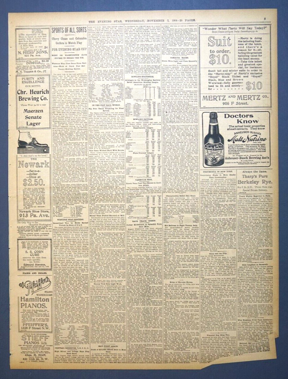 1904 Washington D.C. Newspaper Page - Small Christian Heurich Brewing Co. Ad